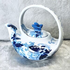Pier 1 Imports Blue White Butterfly Porcelain Teapot w Lid Vintage Hand Painted